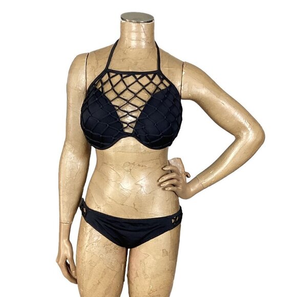 Shade & Shore Black Bikini Sexy Fishnet Macrame Sz 36DD Top XL Bottom 254A - Picture 2 of 10